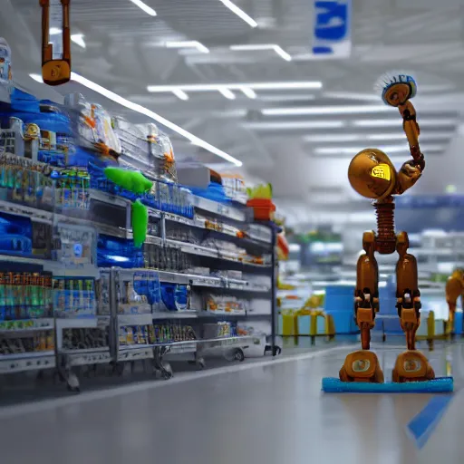 Prompt: robot forces human to clean up aisle at walmart digital art, 3 d high definition, trending on artstation, photorealistic, high resolution, 8 k, octane,, sharp focus, photography, unreal engine