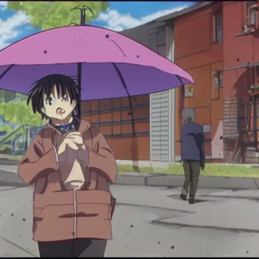 Prompt: a screen capture from an anime of a man, extremely excited about raining candy