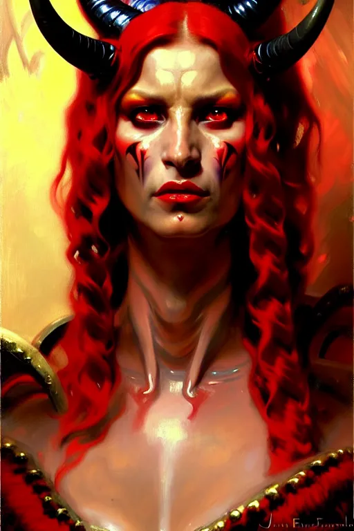 Image similar to painted close - up portrait of a very attractive red - skinned intimidating demon alien queen with ram horns! oil painting, wearing a noblewoman's outfit, fantasy art by john singer sargent and gaston bussiere and james jean and greg rutkowski, demon noble character design, hd