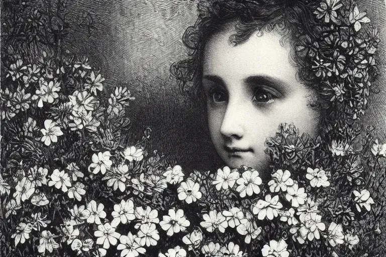 Prompt: black and white, close-up young french eyes covered by flowers, Gustave Dore lithography