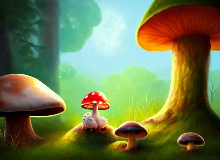 Image similar to a cute creature sitting next to a mushroom, illustration for a children's book, digital art, detailed, rim light, exquisite lighting, clear focus, very coherent, soft lighting, character design, concept, atmospheric, dystopian, sci - fi, dark, trending on artstation, fog, sun flare