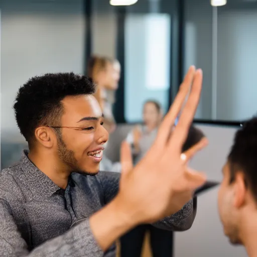 Prompt: photo of a young man waving goodbye emotionally to a group of his coworkers in office, 25mm, f8