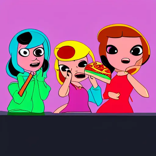 Image similar to powerpuff girls eating pizza, highly detailed, epic lighting, hyper photorealism, 8 k