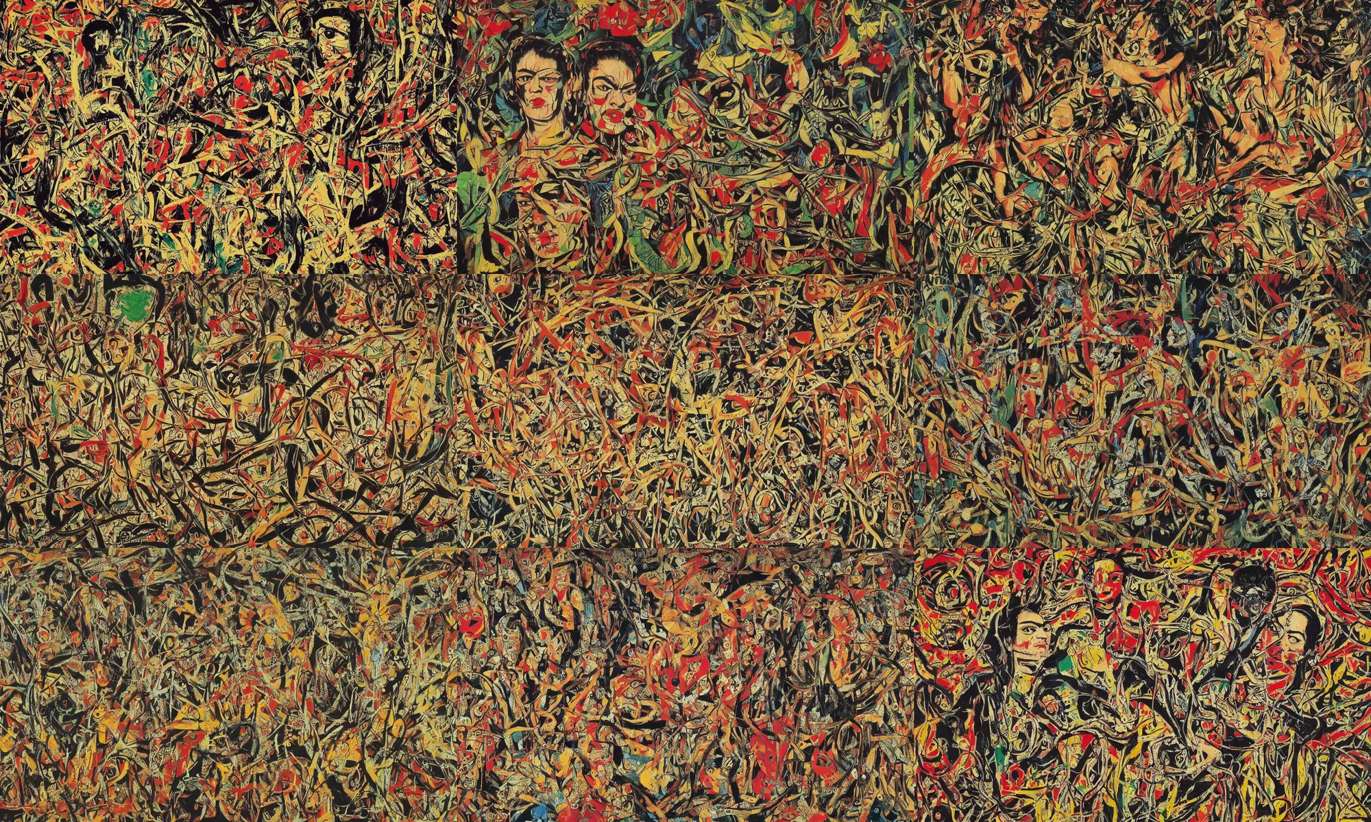 Prompt: an incredibly detailed masterpiece painting by jackson pollock and frida kahlo, ornate, beautiful, bold colors, detailed, high resolution, wow!, intricate