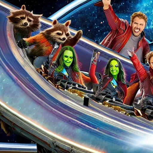 Image similar to the guardians of the galaxy riding a roller coaster