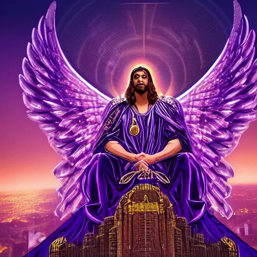 Prompt: a HD photo of a gigantic biblically accurate angel over a city, purple, violet, gold, epic lighting, hyper detailed, throne, rings with eyes