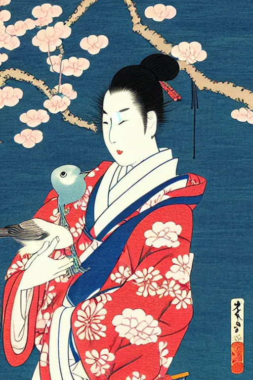 Prompt: a woman in a kimono is holding a bird, a storybook illustration by Yuumei, tumblr contest winner, ukiyo-e, tarot card, storybook illustration, digital illustration