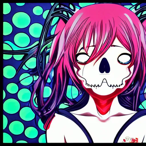 Image similar to portrait of a anime angel happy smiley girl skull face with bubbles in background detailed highres 4k by Trevor Brown pop art nouveau