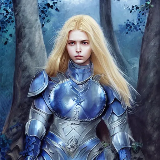 Image similar to young blonde female warrior in heavy blue and white armor, very beautiful and proportional face, surrounded by rabbits and exotic creatures, epic wallpaper, wide shot, high fantasy, flowers and trees, intricate detail, digital painting, artstation, concept art, smooth, sharp focus, illustration, art by monia merlo and wlop and artgerm and craig mullins