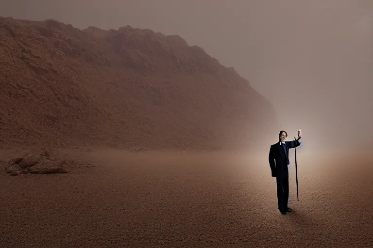 Image similar to a cinematic le photograph of a man dressed in a business suit trekking through a desert, dust storm, thunder and lightning, lee madgwick and zack snyder, 8 k, hd, high resolution, 3 5 mm, f / 3 2, tenet