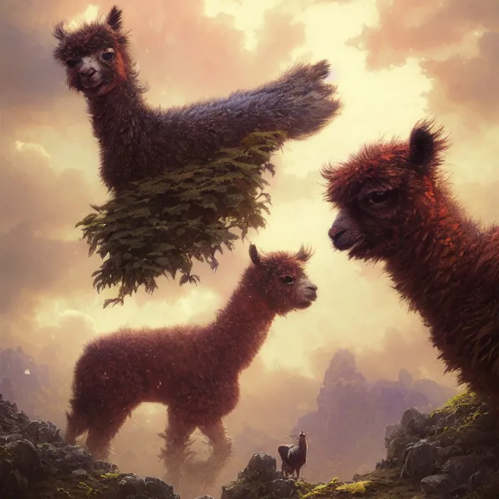 Image similar to highly detailed portrait of emo alpacas, flying, unreal engine, fantasy art by greg rutkowski, loish, rhads, ferdinand knab, makoto shinkai and lois van baarle, ilya kuvshinov, rossdraws, tom bagshaw, alphonse mucha, global illumination, radiant light, detailed and intricate environment