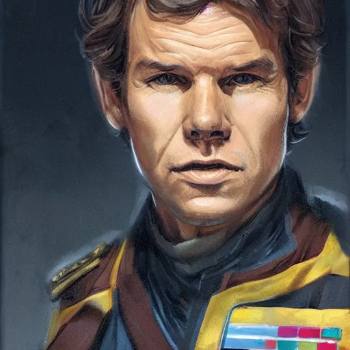 Image similar to portrait of a Man by Greg Rutkowski, Han Solo as an Admiral of the Galactic Alliance, he is about 70 years old, wearing military navy uniform of the Galactic Alliance, Star Wars Expanded Universe, highly detailed portrait, digital painting, artstation, concept art, smooth, sharp foccus ilustration, Artstation HQ