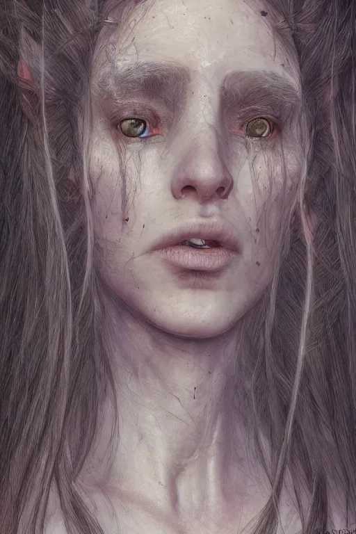 Prompt: portrait of a female elf from middle earth with long hairs, art by James Jean and Wayne Barlowe, high detail, cinematic, cgsociety 8k