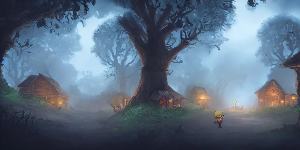 Prompt: village in the woods, ominous mist, high quality masterpiece acclaimed 2 d platformer, artstation