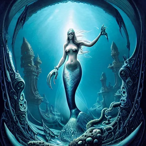 Image similar to character portrait of a graceful beautiful mermaid looking at the sunken city of Atlantis deep under water, stunning undersea intricate detailed grand architecture in the style of Joe Fenton, art style by Greg Rutkowski and Mohrbacher and Gerald Brom and H. R. Giger, deep underwater scene, dark and moody, rays of sunlight, faint volumetric god rays, grim crushing atmosphere, trending on artstation, masterpiece, claustrophobic, dizzy, sharp focus, 8k octane beautifully detailed render, post-processing, extremely hyperdetailed, intricate, epic composition, grim yet sparkling atmosphere, cinematic lighting + masterpiece, trending on artstation, very detailed, Art Nouveau