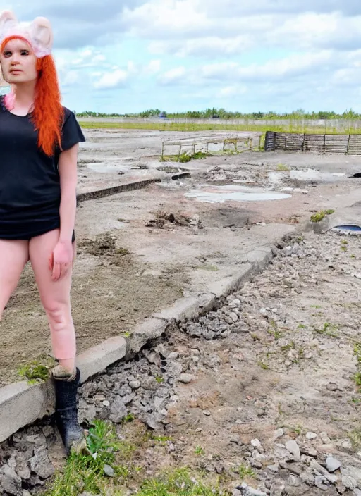 Prompt: humanistic anthropomorphic female axolotl exploring the ruins of chernobyl wasteland, front face