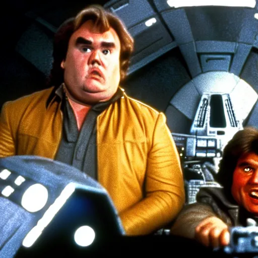 Prompt: John Candy dressed as Barf from Spaceballs sits next to Han Solo in the Millenium Falcon, movie still ftom Star Wars (1977)