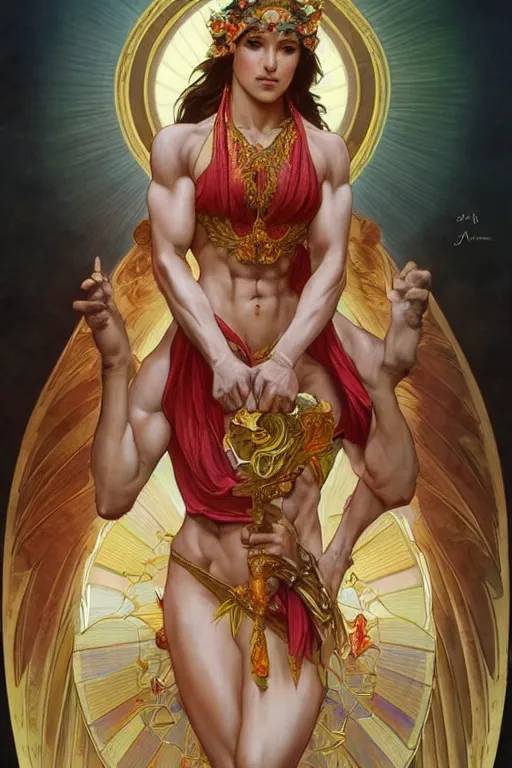 Prompt: goddess of love and peace, accurate anatomy, only two hands, highly detailed, digital painting, artstation, concept art, smooth, sharp focus, illustration, Unreal Engine 5, 8K, art by artgerm and greg rutkowski and alphonse mucha and IFBB pro fitness photograph