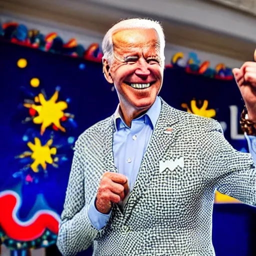 Image similar to joe biden wearing bright clashing extravagant clothes, big teeth smile, walking cane, midpart hair, blender render