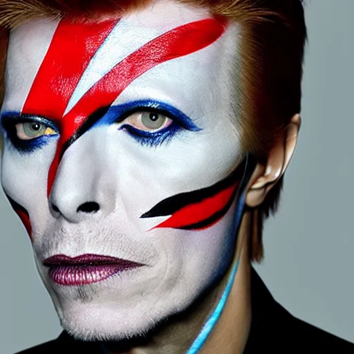 Image similar to david bowie face painted into one side white one side black singing into microphone on top of a spaceship