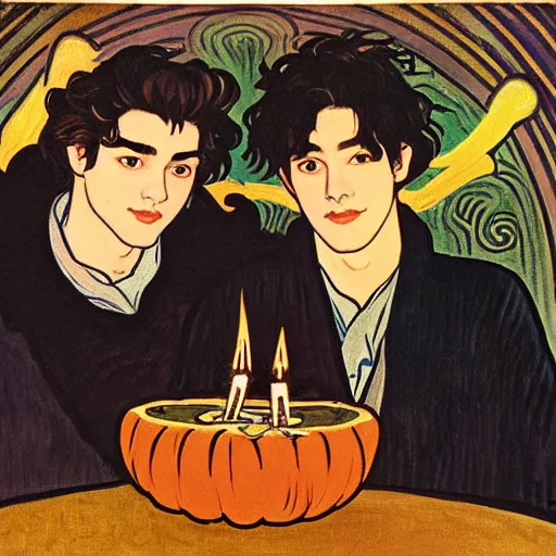 Image similar to painting of young cute handsome beautiful dark medium wavy hair man in his 2 0 s named shadow taehyung and cute handsome beautiful min - jun together at the halloween party, bubbling cauldron, candles, smoke, tarot, autumn colors, elegant, stylized, soft facial features, delicate facial features, art by alphonse mucha, vincent van gogh, egon schiele