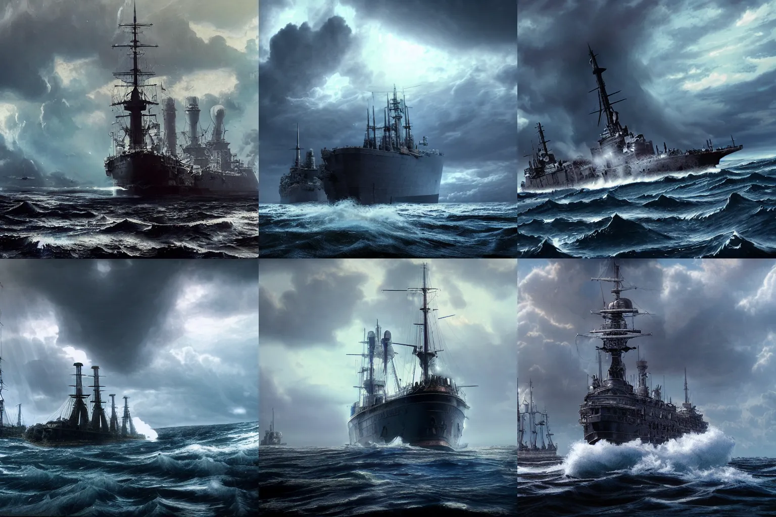 Prompt: a pre-dreadnought battleship from 1890's steaming on rough seas, epic dark towering thunderclouds in the background, intricate details, intricate textures, blue tint, realistc octane render, hyper realistic render, volumetric shading, depth of field, soft lighting, 8k