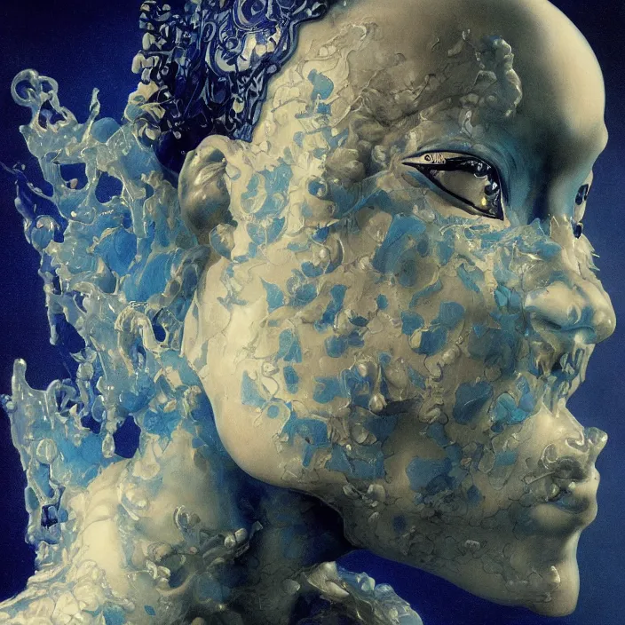 Image similar to a close - up portrait of an ornate blue and white porcelain figure made out of white vitrified translucent ceramic ; china. reflective detailed textures. gloomy black background. highly detailed fantasy science fiction painting by moebius, norman rockwell, frank frazetta, and syd mead. rich colors, high contrast. artstation