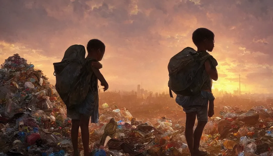 Image similar to poor detailed child with backpack looking for food at garbage dump, city is pure wasteland, sunset in background, greg rutkowski, alphonse mucha, trending on artstation, artgerm, breathtaking, sharp focus, smooth, mark arian, award winning, highly detailed 4 k art