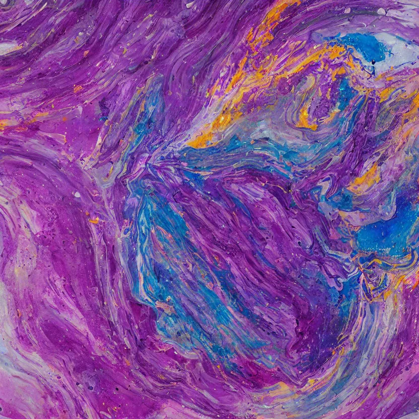 Prompt: abstract multiple layers of purple and blue shades paint dripping and running in multiple circular patterns, oil on canvas, detailed