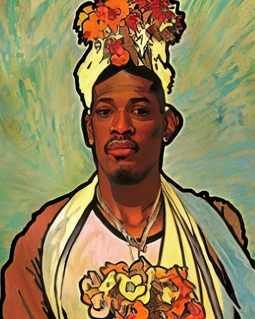 Image similar to a portrait painting of ( ( ( dennis rodman ) ) ) in the style of alphonse mucha!!!