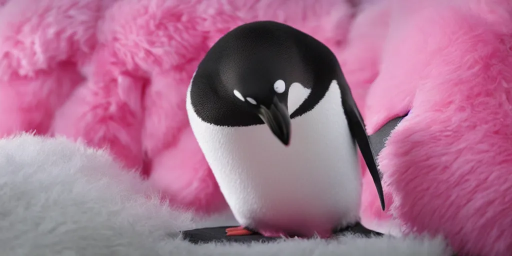 Image similar to realistic penguin sitting in an pink fluffy bed waving, unreal 5