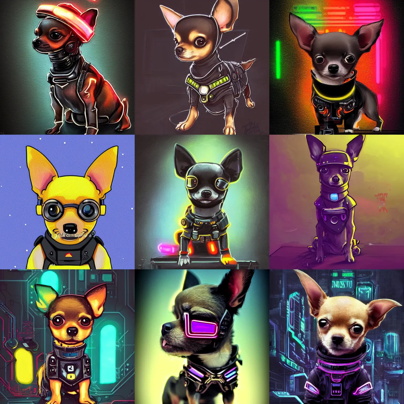 Prompt: cute little anthropomorphic Chihuahua Terrier golden dog mix cyberpunk mercenary wearing a dark futuristic clothing, tiny, small, miniature Chihuahua baby animal, dog baby animal, short, cute and adorable, pretty, scifi, science fiction, neon, neon colors, noir, Cyberpunk character art portrait, futuristic painting, DeviantArt Artstation, by Paul Chadeisson by Jason Felix by Steve Argyle by Vergil Hoo by Peter Mohrbacher, cinematic lighting