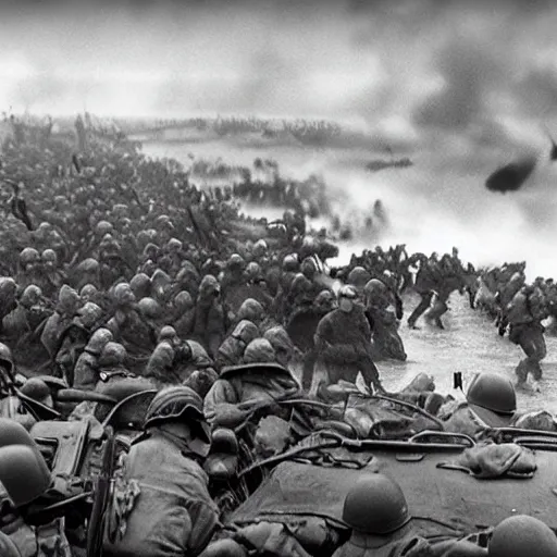 Image similar to modern camera footage of d - day invasion, violent, blood, realistic, high resolution