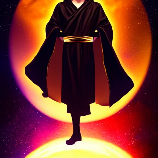 Image similar to a man with with brown hair, wearing a black robe with the tips made of gold, setting in space with a galaxy in the backround, depth of field, on amino, by sakimichan patreon, wlop, weibo high quality art on artstation