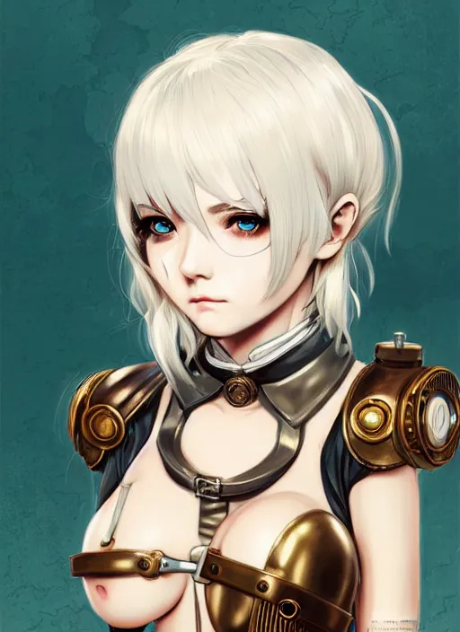 Prompt: portrait Anime girl in steampunk bikini armor, cute-fine-face by Ilya Kuvshinov, white-hair pretty face, realistic shaded Perfect face, fine details. Anime, steampunk, bioshock. realistic shaded lighting, by Gustav Klimt