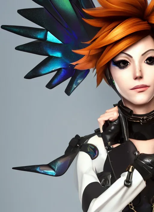 Image similar to portrait bust digital artwork of tracer overwatch, wearing black iridescent rainbow latex and leather outfit, 4 k, expressive happy smug expression, makeup, in style of mark arian, angel wings, wearing detailed black leather collar, chains, black leather harness, detailed face and eyes,