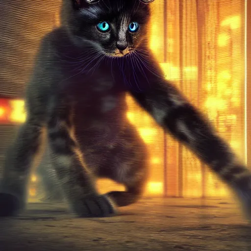 Image similar to full body pose, hyperrealistic photograph of a cyberpunk kitten, dim volumetric lighting, 8 k, octane beautifully detailed render, extremely hyper detailed, intricate, epic composition, cinematic lighting, masterpiece, trending on artstation, very very detailed, stunning, hdr, smooth, sharp focus, high resolution, award, winning photo, dslr, 5 0 mm