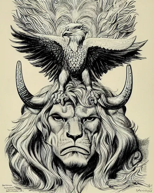 Image similar to a creature with the body and eyes of a man, with the beak of an eagle, the mane of a lion, and the horn of a bull. drawn by moebius