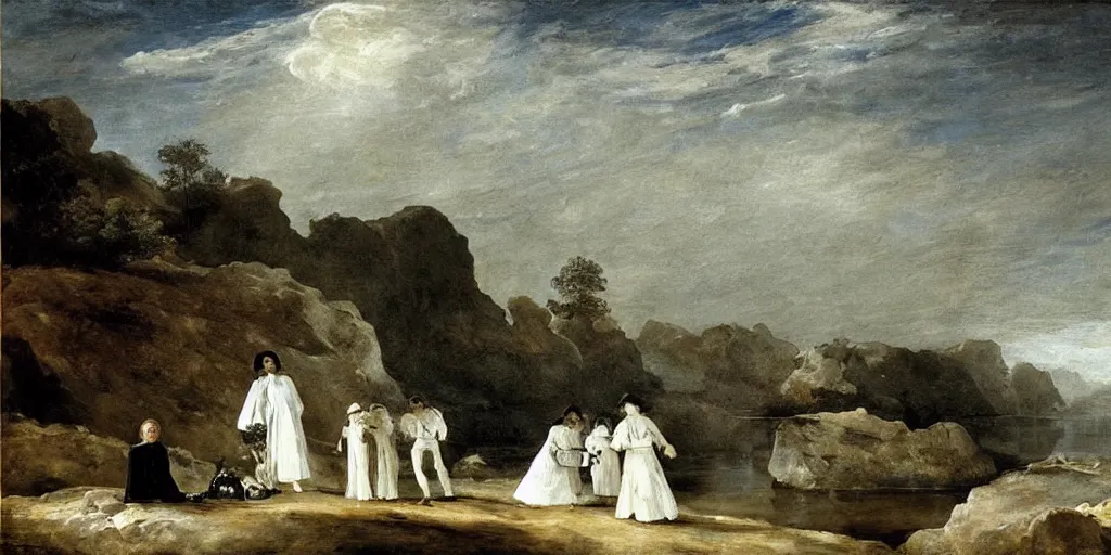 Image similar to hyperrealismBaptism on the river girls in white capes and robot skeletons landscape in style of Goya