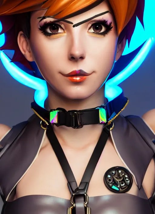Image similar to portrait bust digital artwork of tracer overwatch, wearing iridescent rainbow latex and leather straps catsuit outfit, 4 k, expressive happy whistling face, makeup, in style of mark arian, angel wings, wearing detailed leather collar, chains, black leather harness, detailed face and eyes,