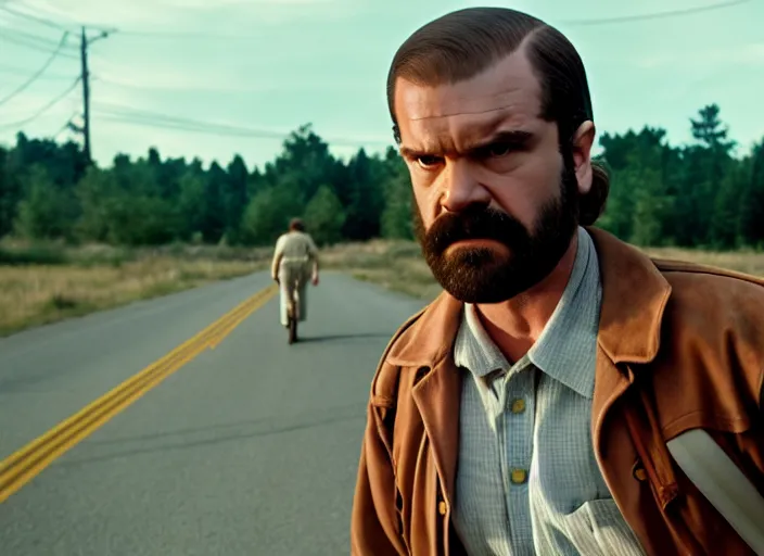 Image similar to film still of jim hopper as dustin henderson in stranger things, 8 k