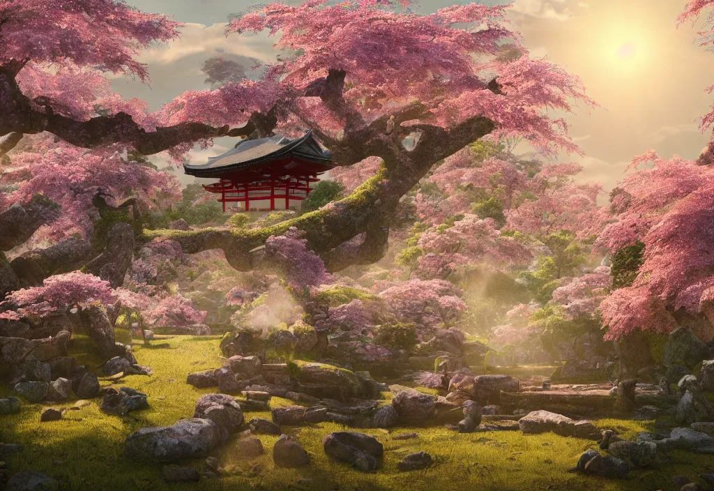 Image similar to An ancient shinto temple from Feudal Japan, cherry blossom trees, temple ruins, plant vegetation, fluffy clouds, sun rays, hyper realistic, high details, vivid colors, intricate details, artstation, octane, 8k