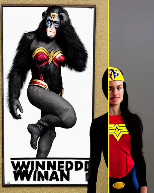 Prompt: a Chimpanzee dressed as Wonder Woman stands in front of a wanted poster for Super villain Gorilla Grodd, photographed in the style of Annie Leibovitz, photorealistic