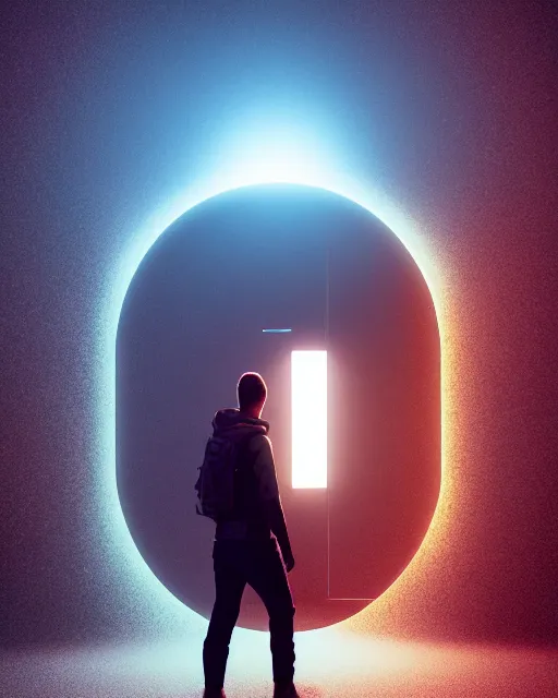 Image similar to a person standing in front of a glowy open door that's on a barren moon, poster art by mike winkelmann, trending on cg society, space art, sci - fi, ue 5, futuristic, volumetric lighting, light casting onto the ground, neat composition and camera angle