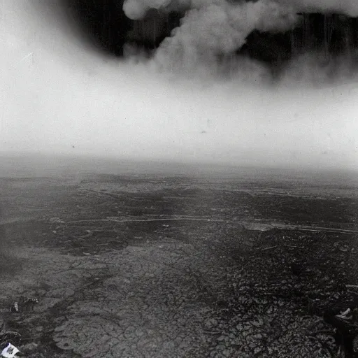 Image similar to a large nuclear crater in manhattan, a destroyed forest is in the distance, there is smoking coming from the city, taken from a plane, realistic, taken on a ww 2 camera.