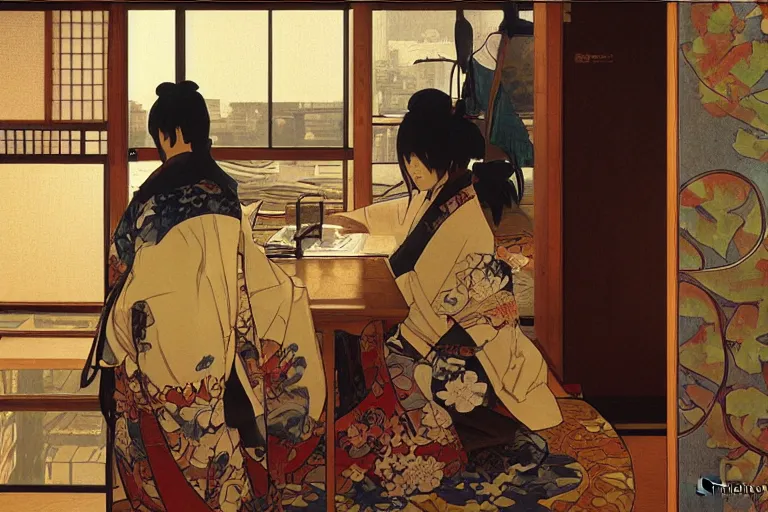 Image similar to japanese samurai working in a 6 0'office, late afternoon by tsviatko kinchev, makoto shinkai, linda wilder, alphonse mucha, oil painting, ultra detailed