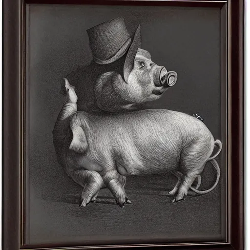 Image similar to detailed portrait of a pig in a tuxedo, dramatic light, Chiaroscuro, illustration by Paul Gustave Doré