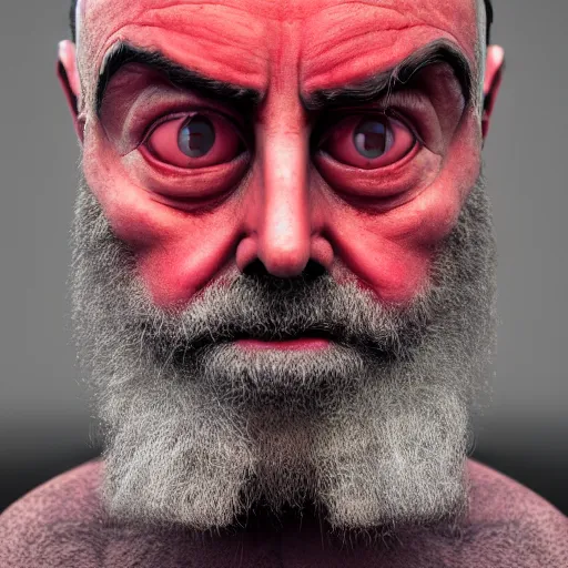 Image similar to A portrait of a Rabbi that the devil looking at the camera in anger, satan, dark, ominous, haunting, sinister, close-up, studio lighting, realism, 8k, 3D render, octane 3D, maya, cinema 4D, Blender, red lighting, scary, horror, dark,