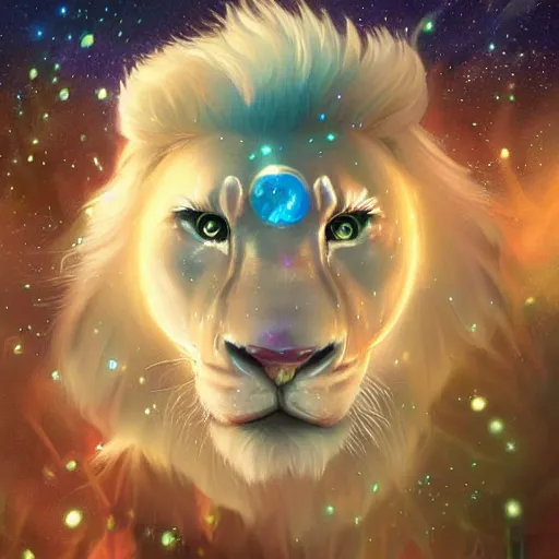 Image similar to aesthetic portrait commission of a albino male furry anthro lion sleeping inside a holographic iridescent reflective bubble in the blue sky, cozy Atmosphere, hyperdetailed. Character design by charlie bowater, ross tran, artgerm, and makoto shinkai, detailed, inked, western comic book art, 2021 award winning painting