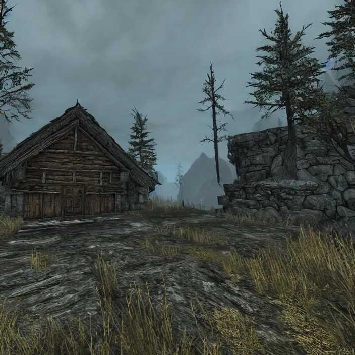 Image similar to a building in a serene landscape, skyrim